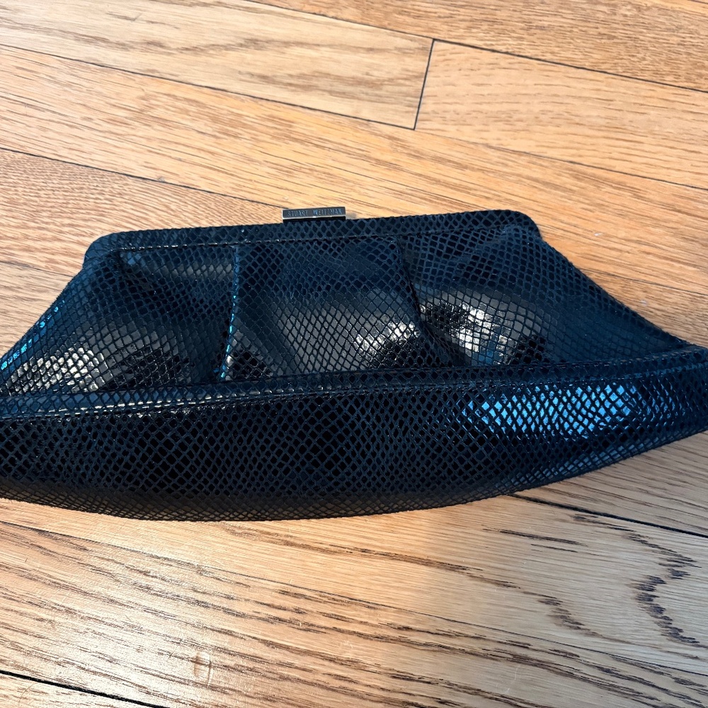 Stuart Weitzman Designer Couture Retro Chic Black Leather Clutch Evening Bag